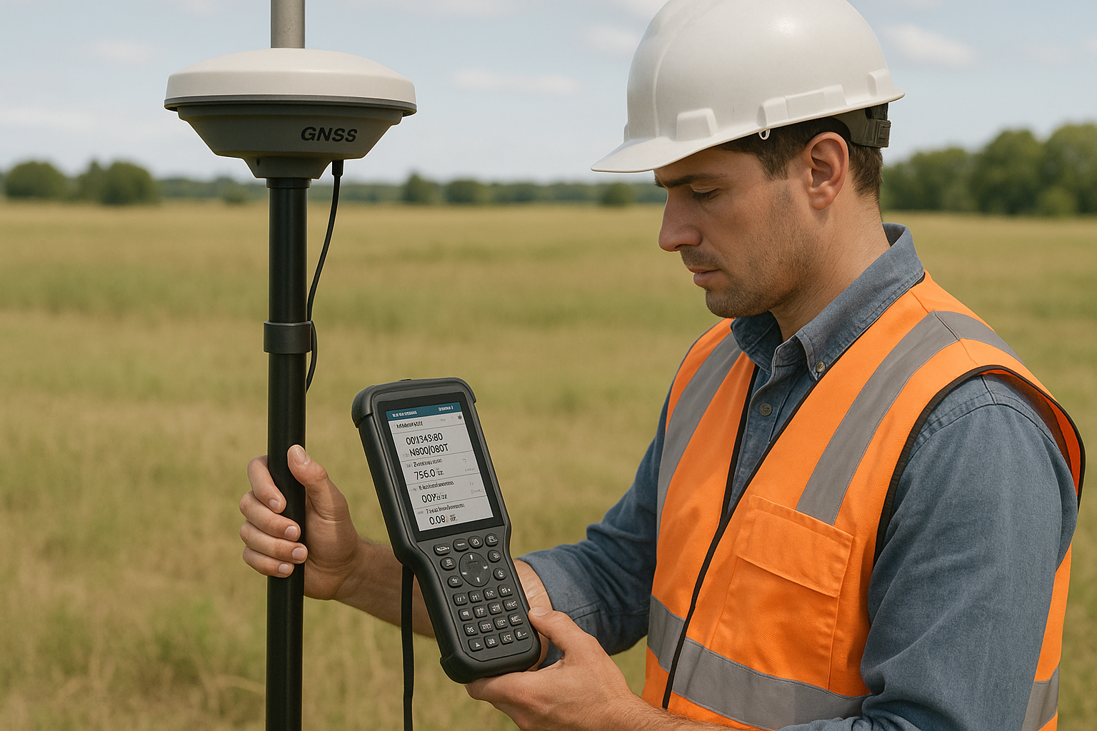 Técnico con equipo GNSS RTK en campo
