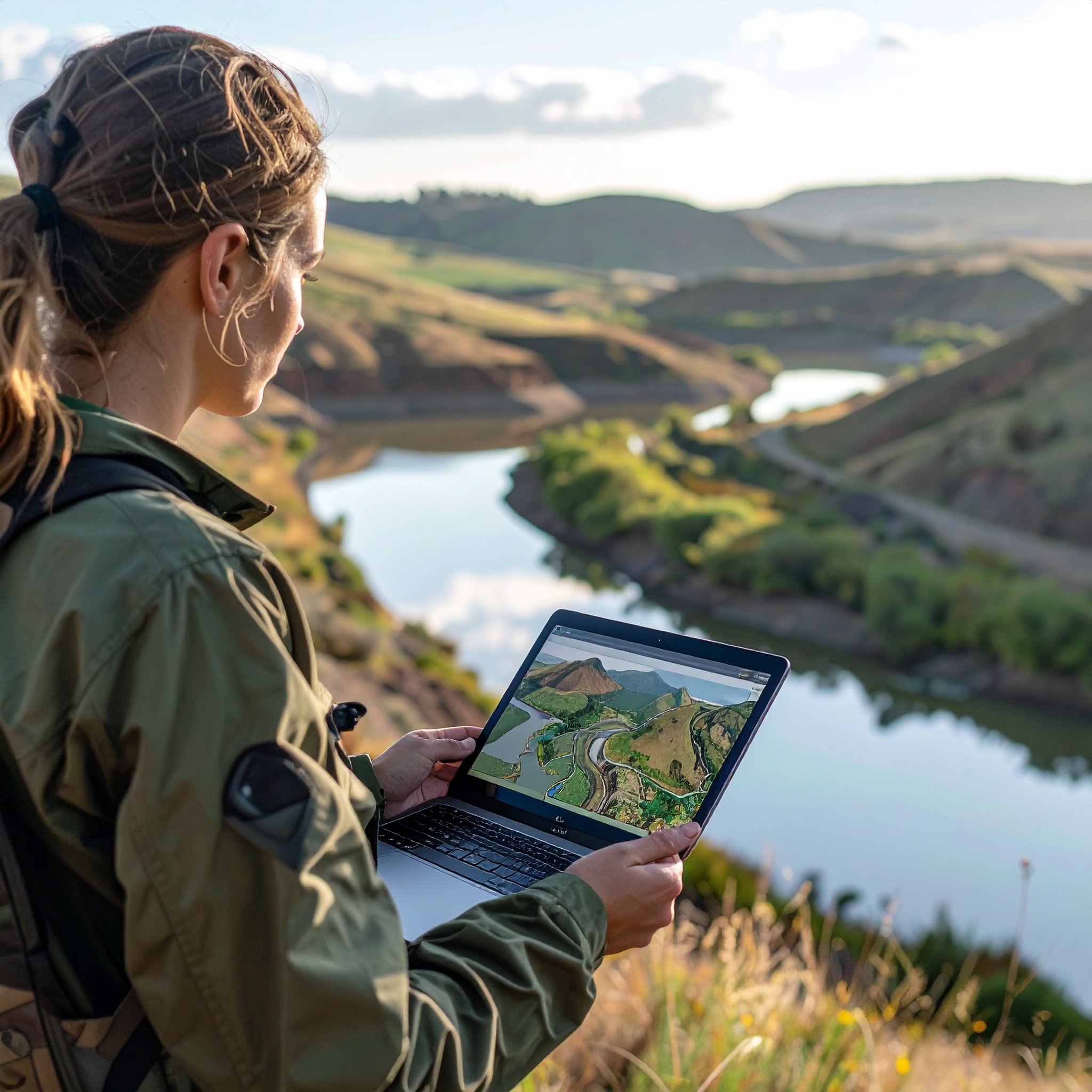 Hidrólogo analizando datos topográficos en campo