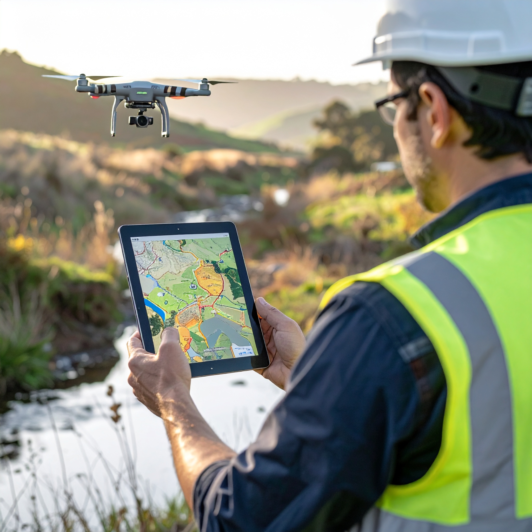Ingeniero con dron y base RTK en campo hidrológico