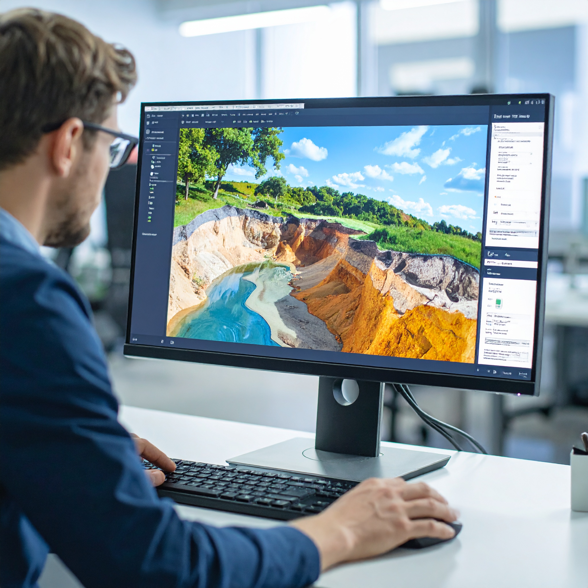 Ingeniero con modelo de inundación y erosión en pantalla
